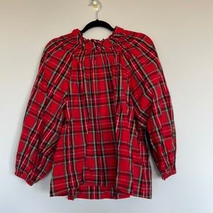 J.crew Xxl red plaid shirt. Smocking ruffle neck with back lace up closure